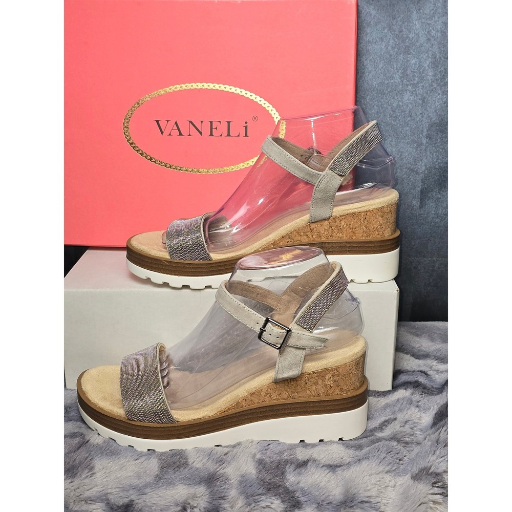NWB Vaneli Cedra Sandals Dove Suede Rhinestone Cork Wedge Womens 8.5 M